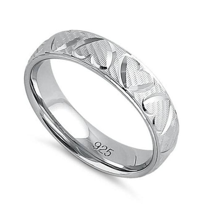 Sterling Silver Diamond Cut Heart Band Ring
