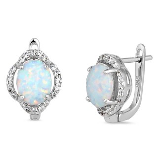 Sterling Silver Elegant White Lab Opal Oval CZ Halo Earrings