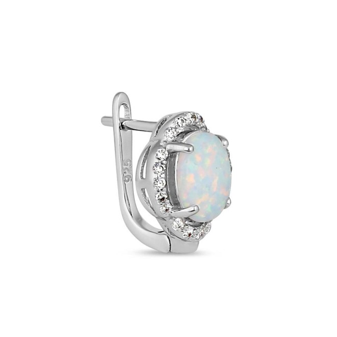 Sterling Silver Elegant White Lab Opal Oval CZ Halo Earrings