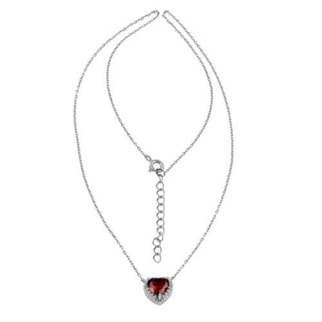 Sterling Silver Dark Garnet and Clear CZ Heart Halo Necklace