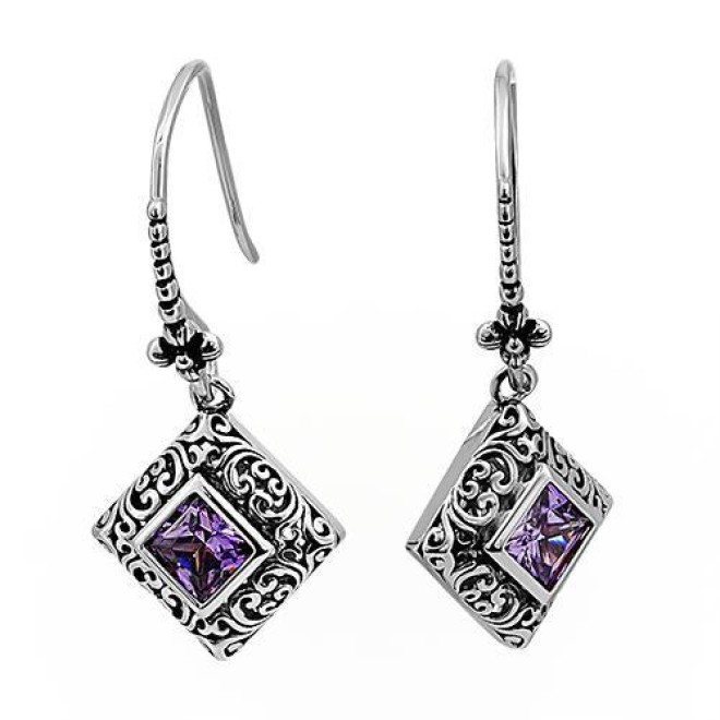 Sterling Silver Ornate Square Cut Amethyst CZ Earrings