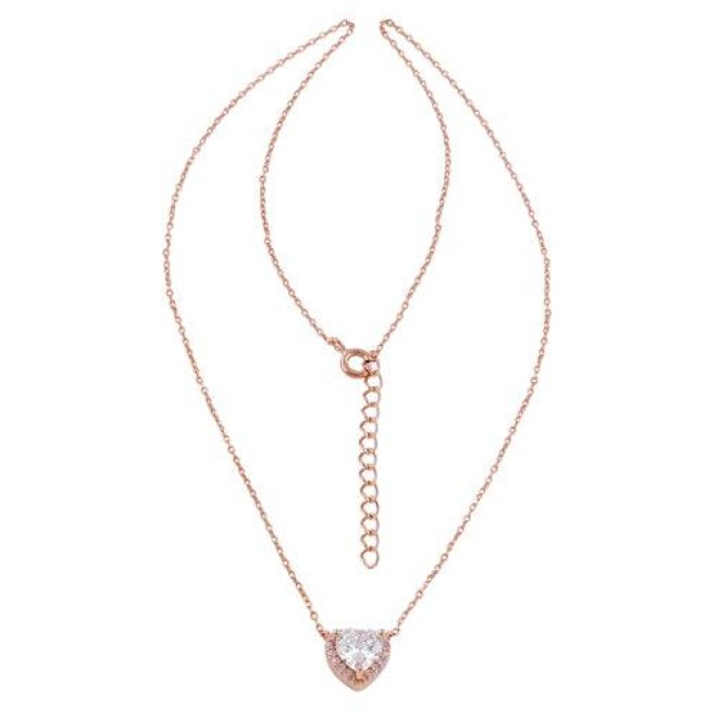 Sterling Silver Clear and Pink CZ Heart Halo Rose Gold Plated Necklace