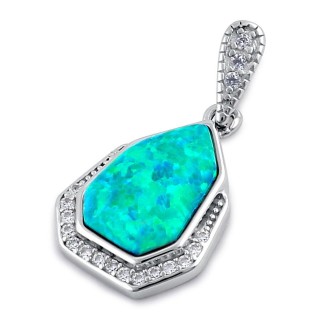 Sterling Silver Elegant Green Lab Opal & Clear CZ Heptagon Pendant