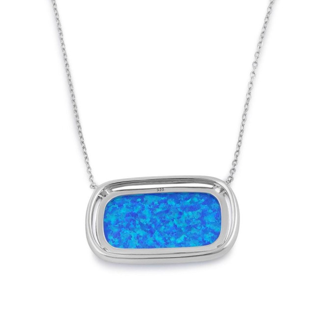 Sterling Silver Blue Opal Squoval Halo CZ Necklace