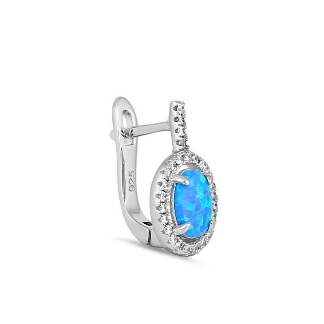 Sterling Silver Blue Lab Opal Oval Halo Earrings