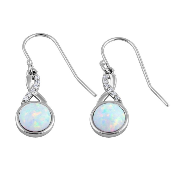Sterling Silver White Lab Opal Semi Sphere CZ Twist Earrings