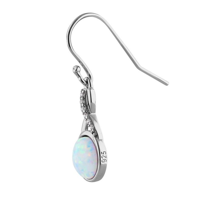 Sterling Silver White Lab Opal Semi Sphere CZ Twist Earrings