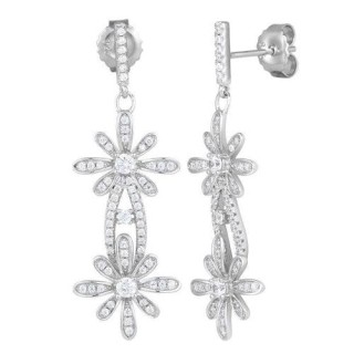 Sterling Silver Double Flower CZ Dangle Earrings