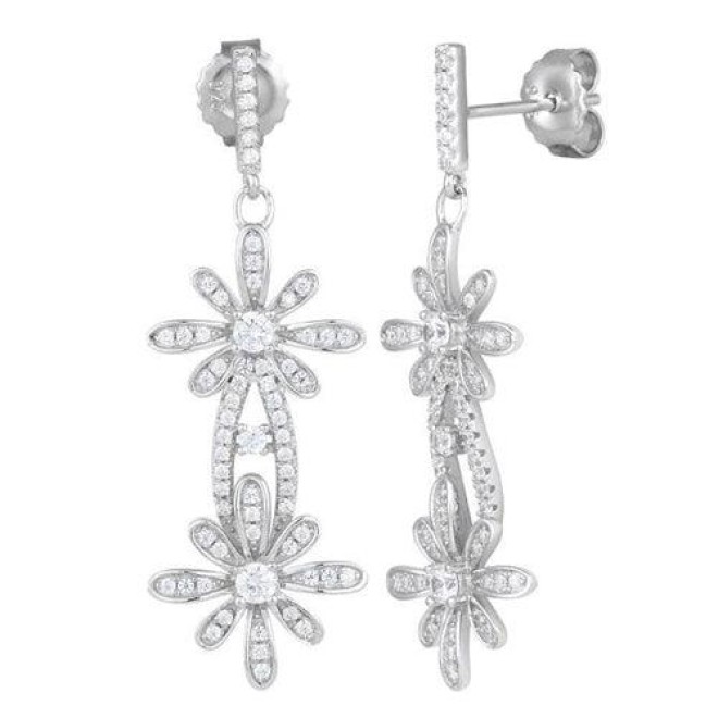 Sterling Silver Double Flower CZ Dangle Earrings
