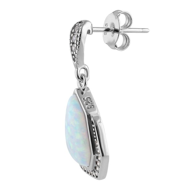 Sterling Silver White Lab Opal Heptagon CZ Earrings