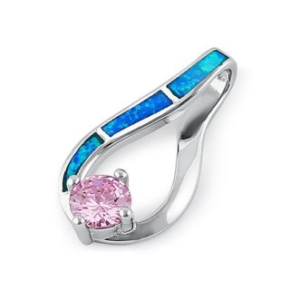 Sterling Silver Twist Blue Lab Opal & Pink Round Cut CZ Pendant