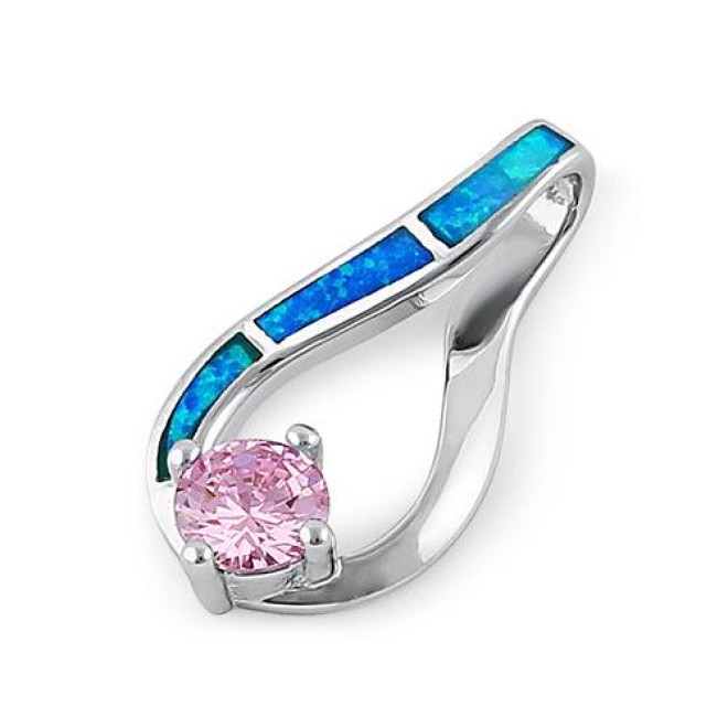 Sterling Silver Twist Blue Lab Opal & Pink Round Cut CZ Pendant