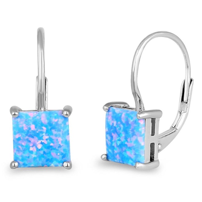 Sterling Silver Elegant Blue Lavender Lab Opal Square Earrings