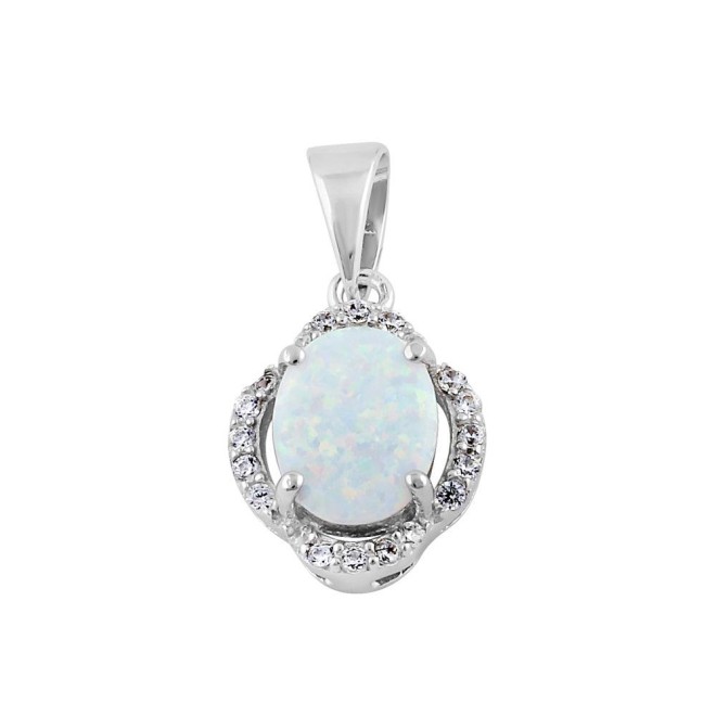 Sterling Silver Elegant White Lab Opal Oval Halo Pendant