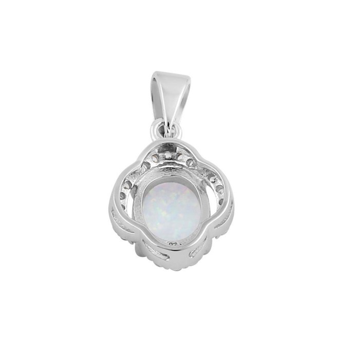 Sterling Silver Elegant White Lab Opal Oval Halo Pendant