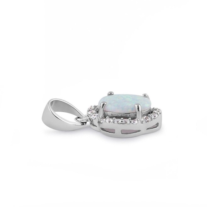Sterling Silver Elegant White Lab Opal Oval Halo Pendant