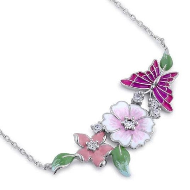Sterling Silver Clear CZ Enamel Floral Necklace