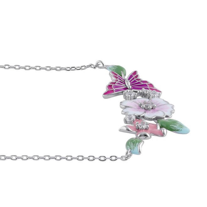 Sterling Silver Clear CZ Enamel Floral Necklace
