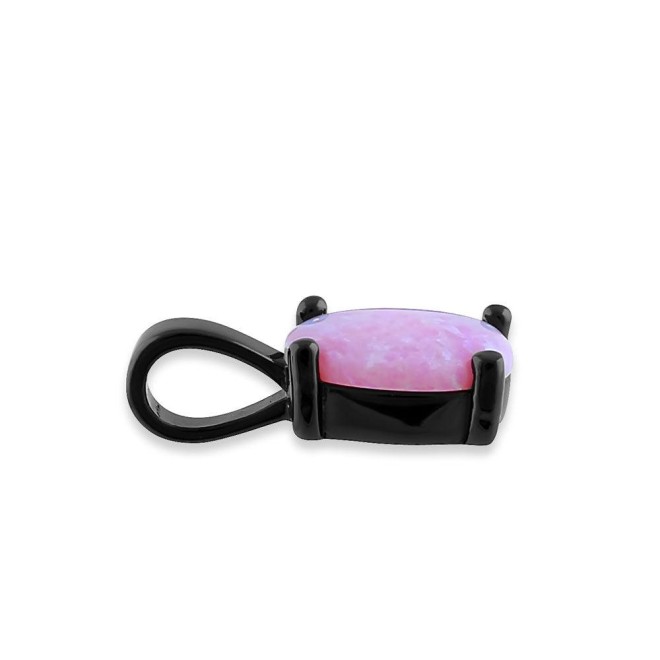 Sterling Silver Black Rhodium Plated Pink Lab Opal Oval Pendant