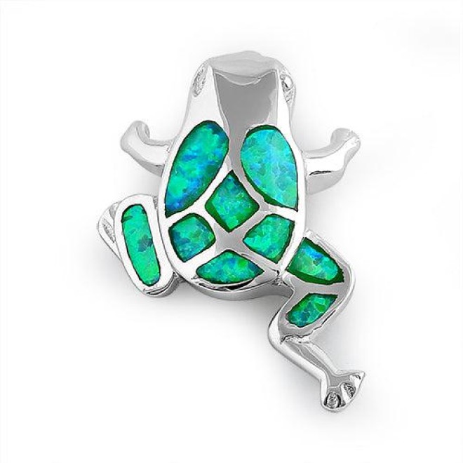 Sterling Silver Green Lab Opal Frog Pendant