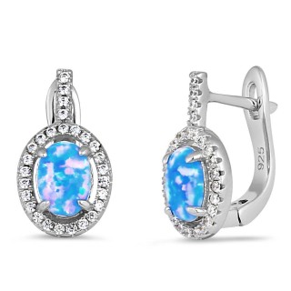 Sterling Silver Blue Lavender Lab Opal Oval Halo Earrings