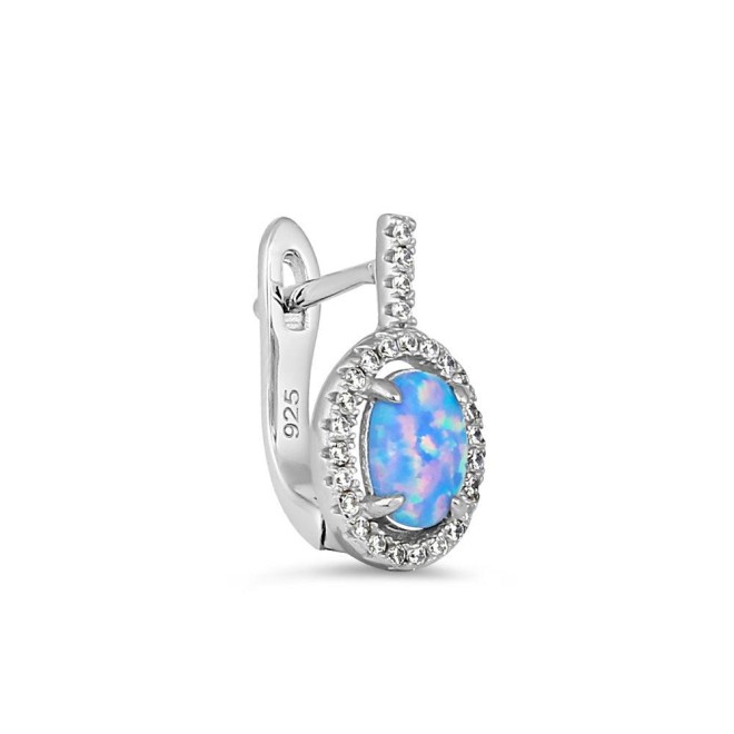 Sterling Silver Blue Lavender Lab Opal Oval Halo Earrings