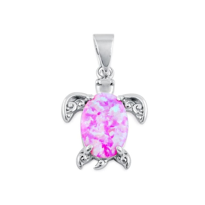 Sterling Silver Pink Lab Opal Filigree Sea Turtle Pendant