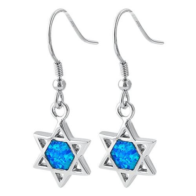 Sterling Silver Blue Lab Opal Star of David Hook Earrings