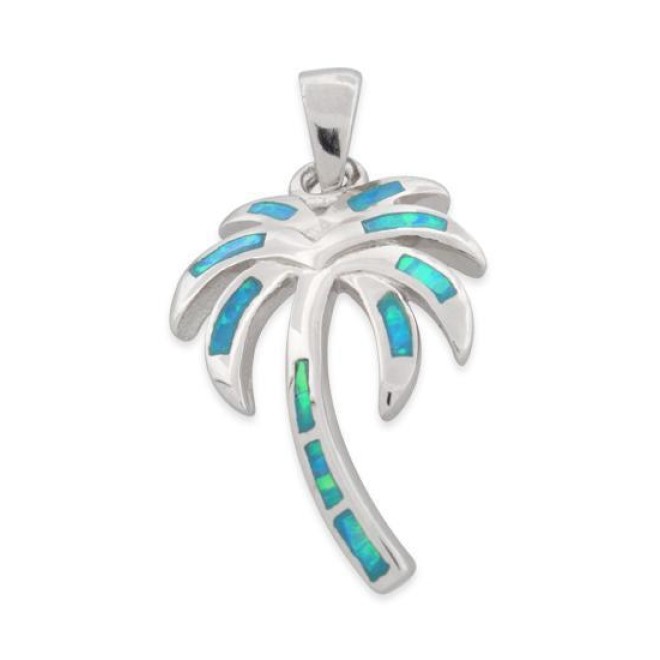 Sterling Silver Lab Opal Big Coconut Palm Tree Pendant