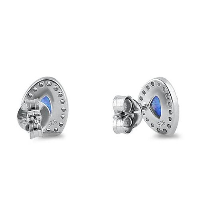 Sterling Silver Blue Lab Opal & Clear CZ Offset Stud Earrings