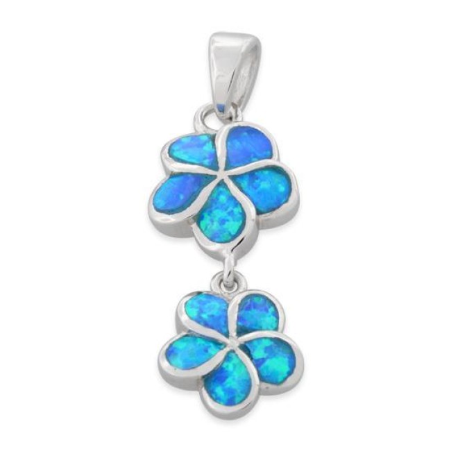 Sterling Silver Lab Opal Double Plumeria Pendant