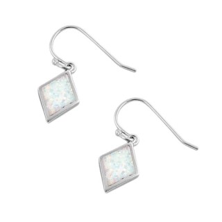 Sterling Silver Dangling Diamond Shaped White Lab Opal Earrings