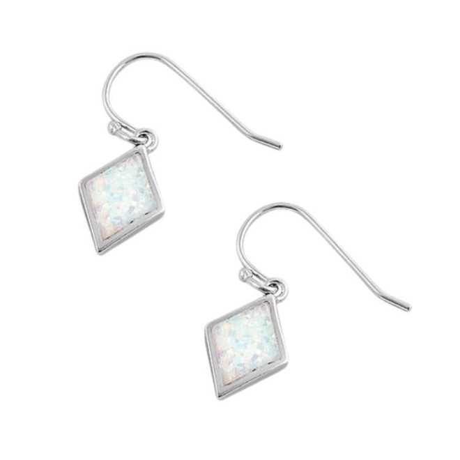 Sterling Silver Dangling Diamond Shaped White Lab Opal Earrings