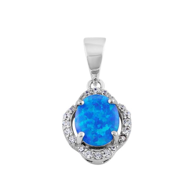 Sterling Silver Elegant Blue Lab Opal Oval Halo Pendant