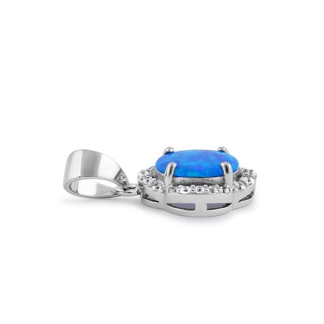 Sterling Silver Elegant Blue Lab Opal Oval Halo Pendant