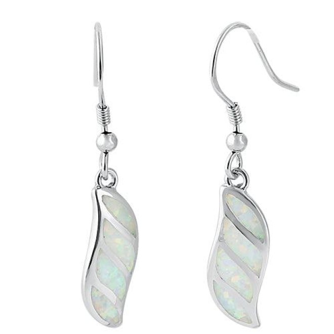 Sterling Silver White Lab Opal Stunning Leaf Hook Earrings