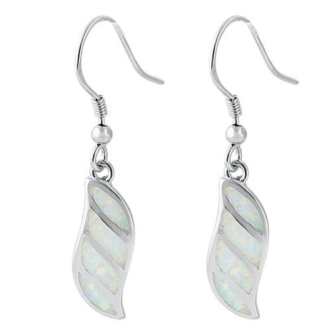 Sterling Silver White Lab Opal Stunning Leaf Hook Earrings