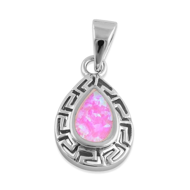 Sterling Silver Pink Lab Opal Greek Pattern Drop Pendant