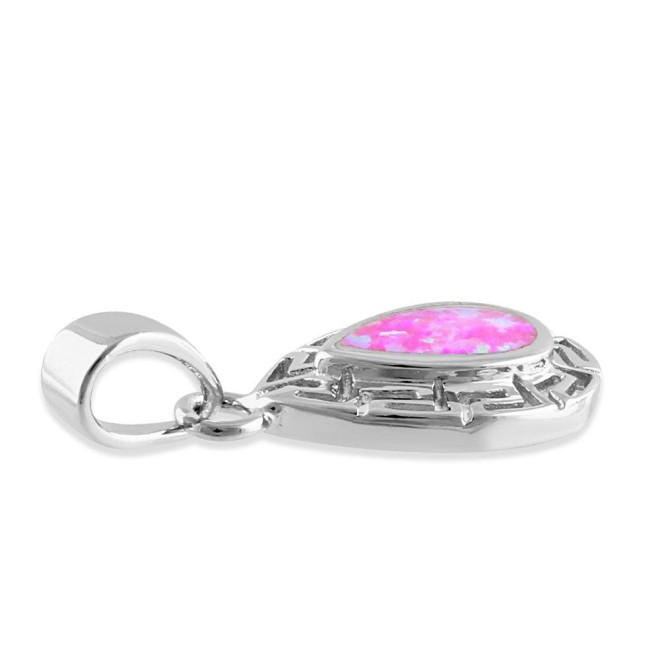 Sterling Silver Pink Lab Opal Greek Pattern Drop Pendant