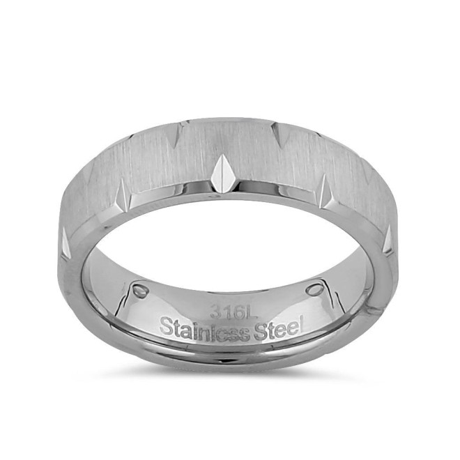 Stainless Steel Men's 6mm Brushed Diamond Cut Wedding Band