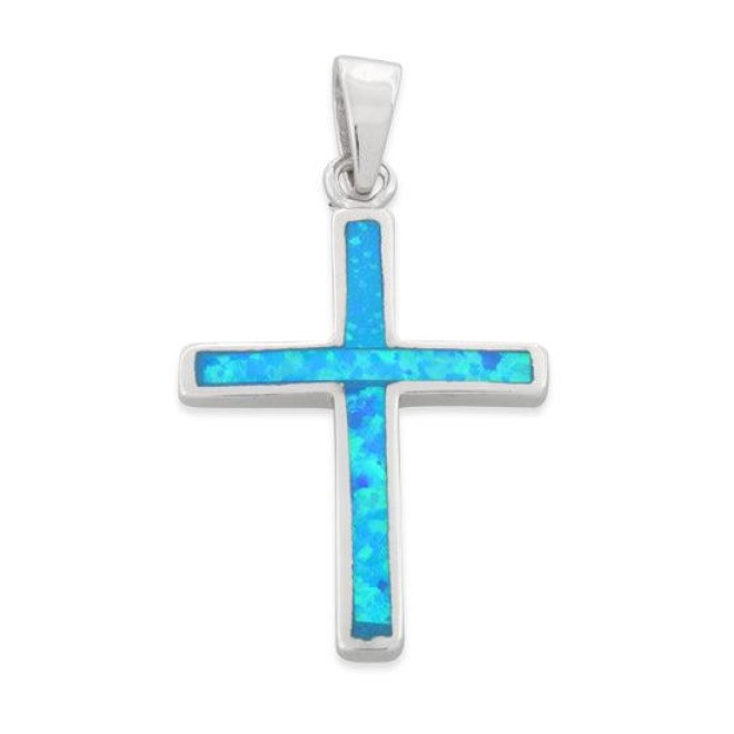 Sterling Silver Lab Opal Small Cross Pendant