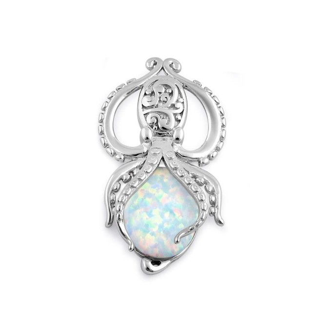 Sterling Silver White Lab Opal Squid Pendant