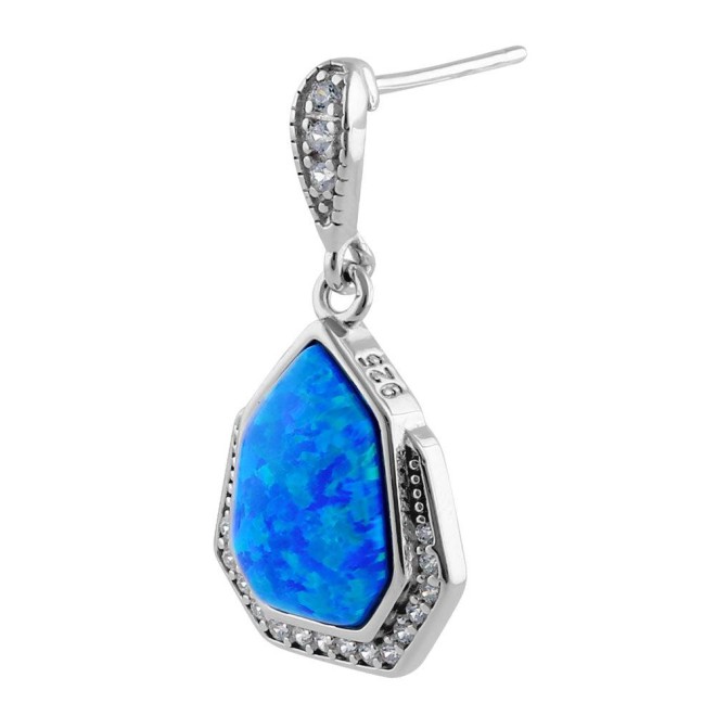 Sterling Silver Blue Lab Opal Heptagon CZ Earrings