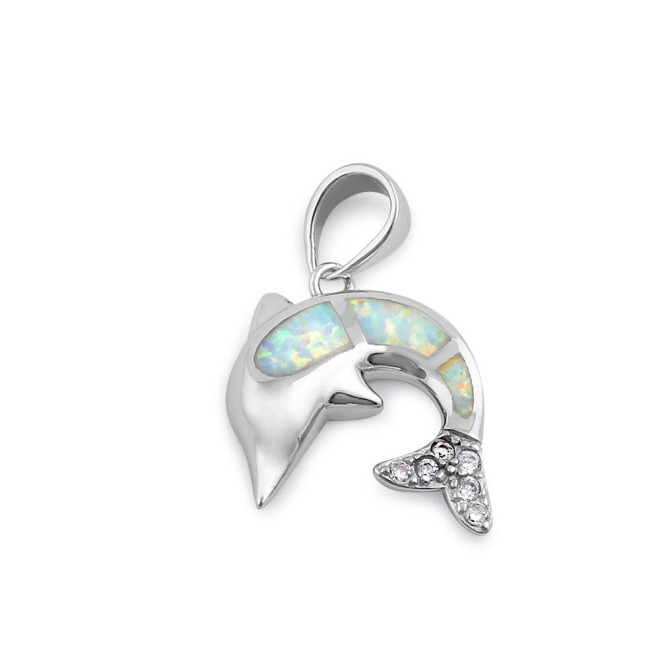 Sterling Silver White Lab Opal Dolphin CZ Pendant