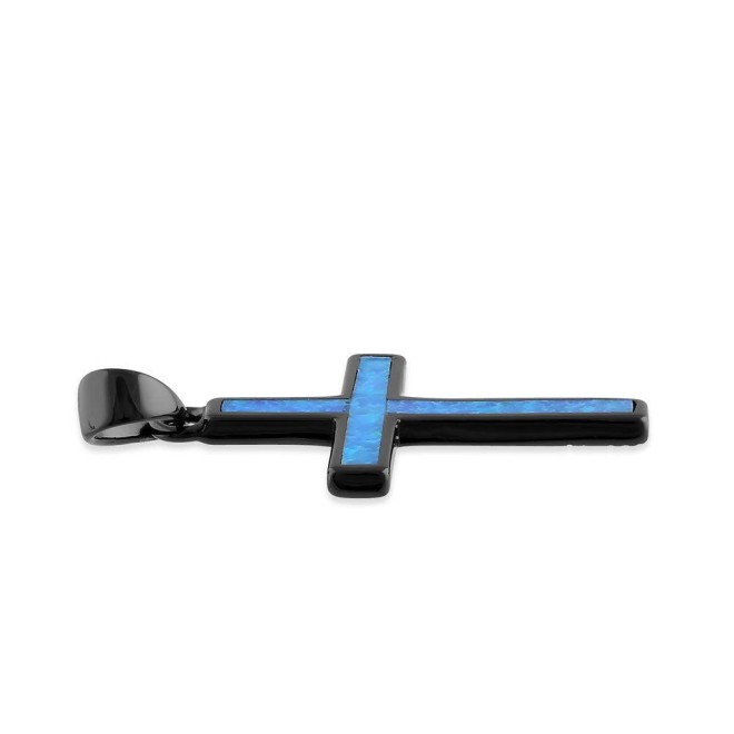 Sterling Silver Black Rhodium Plated Blue Lab Opal Cross Pendant