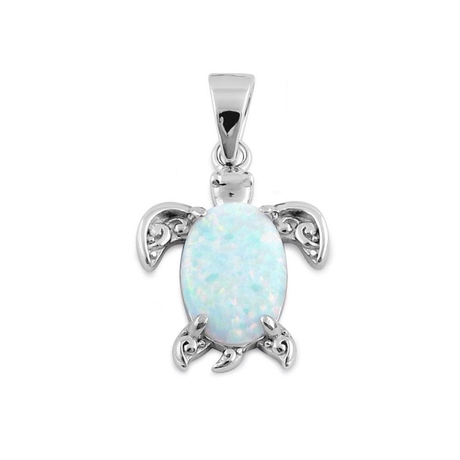 Sterling Silver White Lab Opal Filigree Sea Turtle Pendant