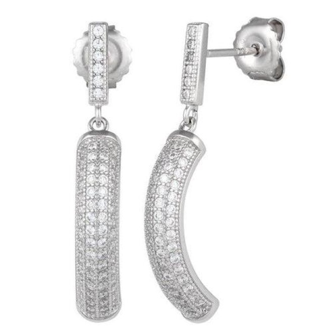 Sterling Silver Pave C Shape CZ Dangle Earrings