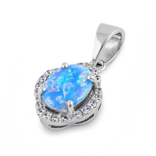 Sterling Silver Elegant Blue Lavender Lab Opal Oval Halo Pendant