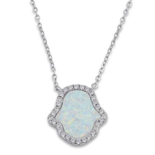 Sterling Silver Clear CZ and White Opal Hamsa Necklace