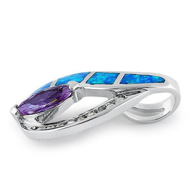 Sterling Silver Lab Opal Marquise Amethyst CZ Pendant
